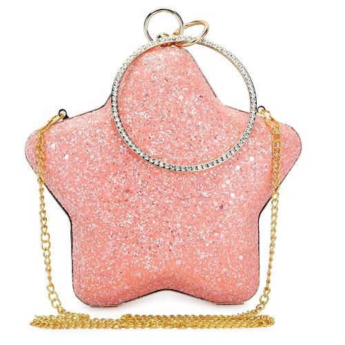 Tooba Handicraft Glittering Baby Pink Leatherite Women Designer Clutch Bag With Chain Strap