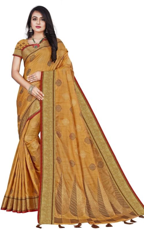 Ashika Women Mustard Printed Pure Silk Saree with Unstitched Blouse Piece