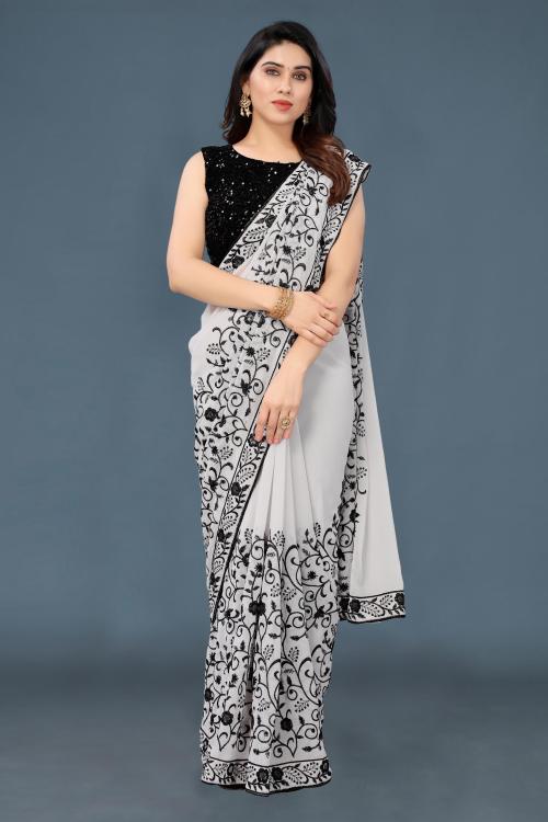 Isha Trade Women Grey Floral Print Georgette Banarasi Saree