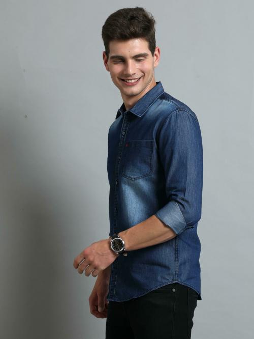 TORTUGA Men Blue Washed Denim Casual Shirts (M)