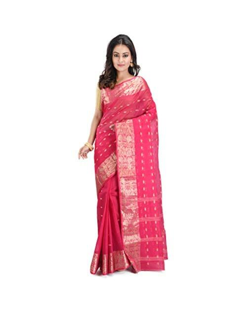 RAJ SAREE HOUSE Women's Pure Cotton Traditional Bengali Tant Saree without Blouse Piece - (Rani)