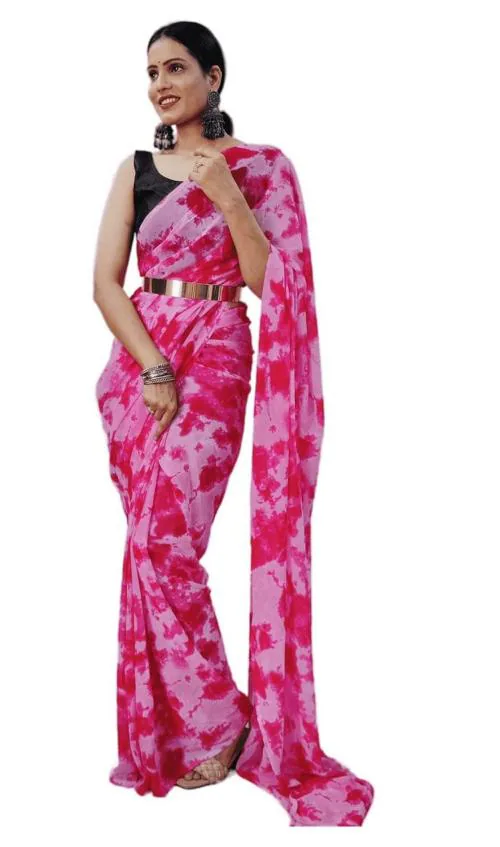 Sidhidata Women's Georgette Printed Ready To Wear 1 Minute saree With Unstitched Blouse Piece (Free Size) Pink
