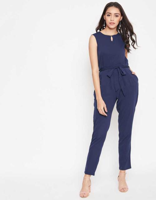 Nature Craft Blue Rayon Sleeveless Round Neck Women Regular Jumpsuit