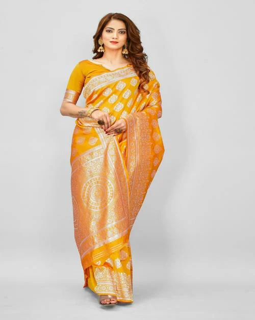AFORMI Woven, Printed Banarasi Pure Silk Saree Mango Colour