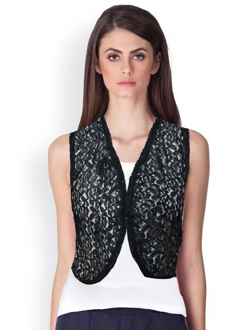 Neeba Sleeveless Cotton Net Short Floral Design Shrug for Women & Girls For both Regular and Formal Wear (Black)