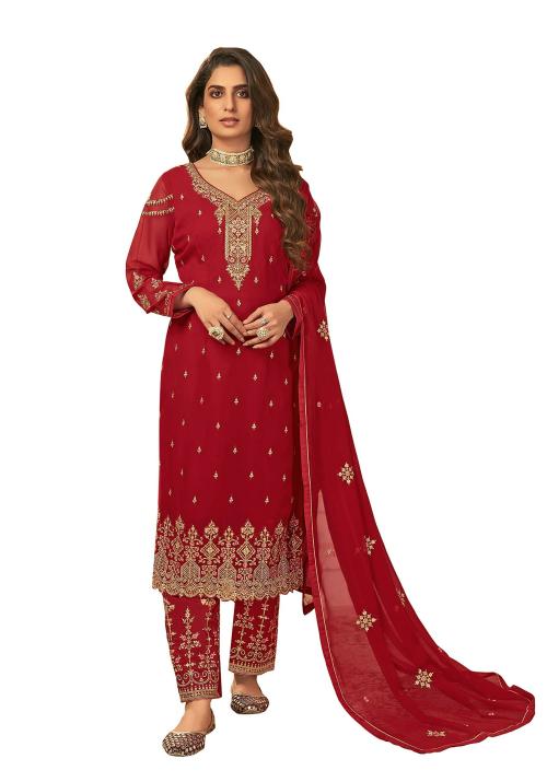 VUBA Women Red Embroidered Georgette Semi Stitched Dress Material with Unstitched Bottom and Dupatta, Free Size
