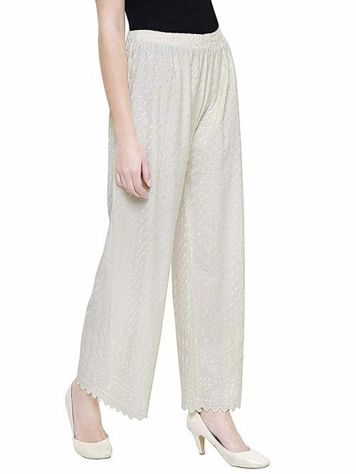 ALAXENDER Palazzo Pants Salwar for Women Chikankari Hand Embroidered Cotton (OFF-WHITE)