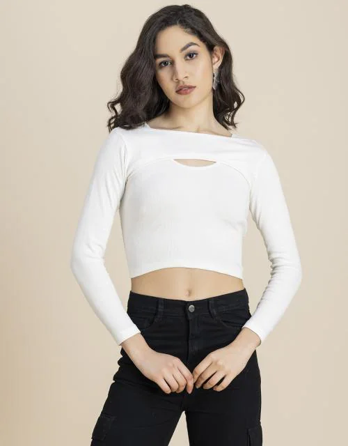 Moomaya 2 Pc Solid Bust Crop Top For Women, Long Sleeves Knitted Tshirt