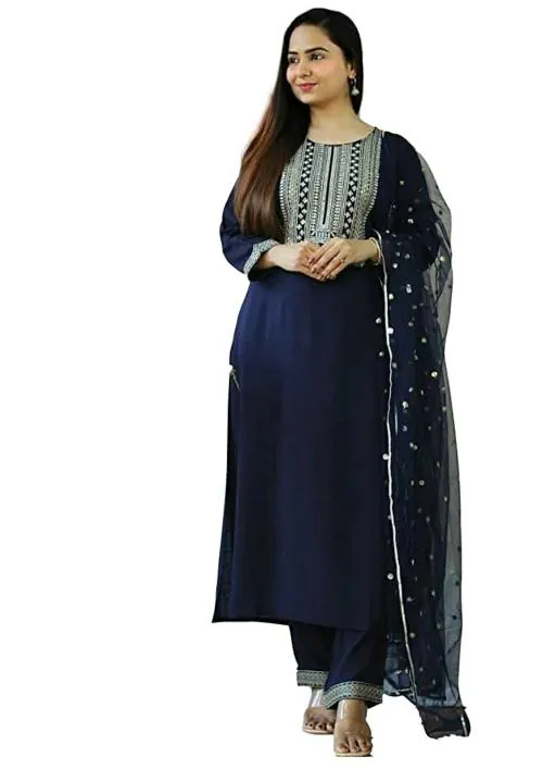 Femeone Women Blue rayon Kurti Pant and Dupatta set - L