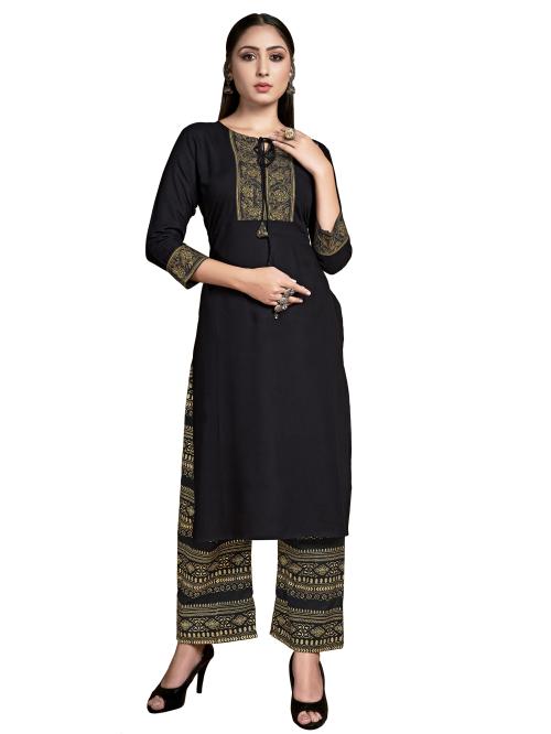 Rayon Foil Printed Black Colour Kurta and pant set for women and girls