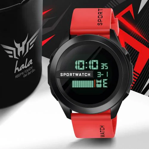 Hala HL-1140 Sports Stylish Digital Watch Black Dial, Red Strap For Men & Boys
