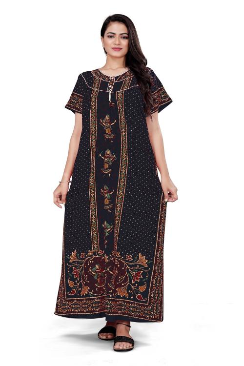 HauteLook Women's Pure Cotton Nighty Gown-Pathan Garba Lady Print with Dot Print with Two Button & Pocket Navy Blue - XXL