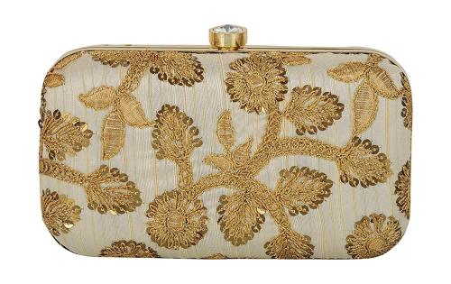Tooba Handicraft Beige Synthetic Women Designer Clutch Bag With Chain Strap