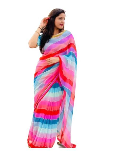 SIBYL CREATION Women Pink Sequince Work Silk Saree With Mirror Work Lace Boarder Unstiched Blouse