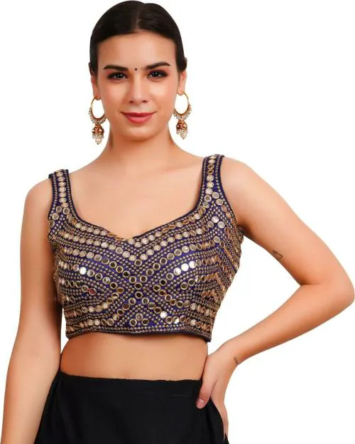 Trendzmy Women Navy Blue Embellished Cotton Silk Sweetheart Neck Blouse, Free Size