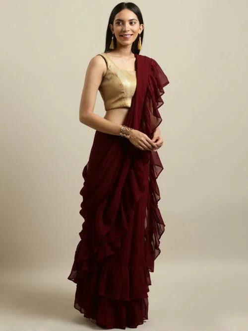 Tikhi Imli Maroon Solid Poly Georgette Ruffle Saree