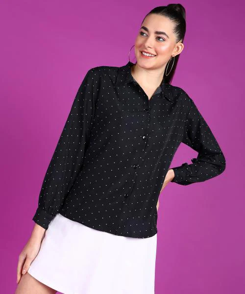 Popwings Women Casual Black Polka Printed Shirt | Full Sleeve Shirt | Spread Collar Shirt | Casual Regular Shirt | Trendy Stylish Shirt