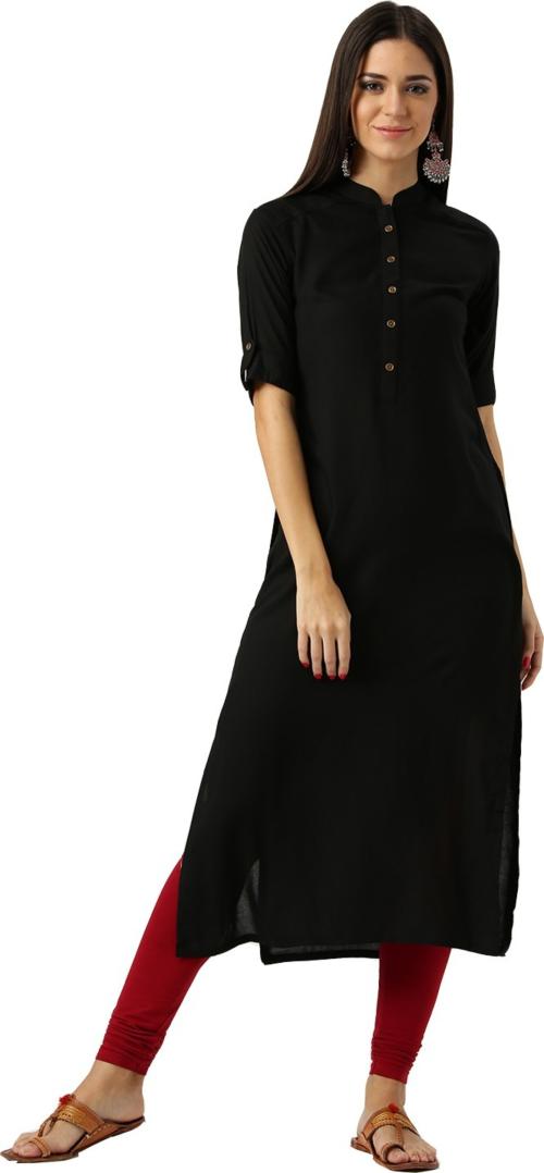WOMEN VILLAGE Women Black Solid Viscose Rayon Straight Kurta - M
