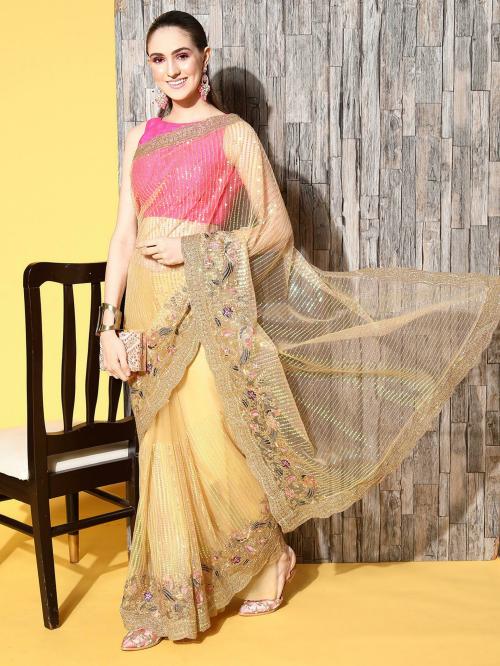 Chhabra 555 Gold Metallic Sequin Shimmer Embroidered Party Wear Fusion Saree with Peacock Motifs