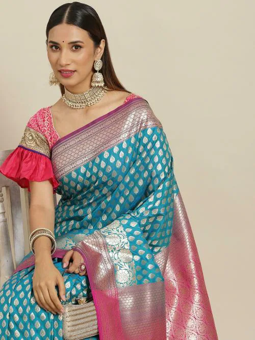 Chhabra 555 Persian Blue Handloom Banarasi Silk Saree With Contrast Ethnic Motifs Border & Blouse