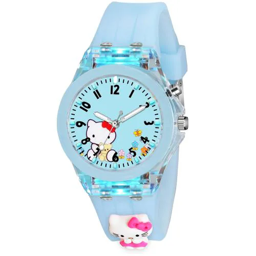 SWADESI STUFF Cute Cartoon Multi Color Lights Rubber Strap Analog Watch for Girls (Sky Kitty)
