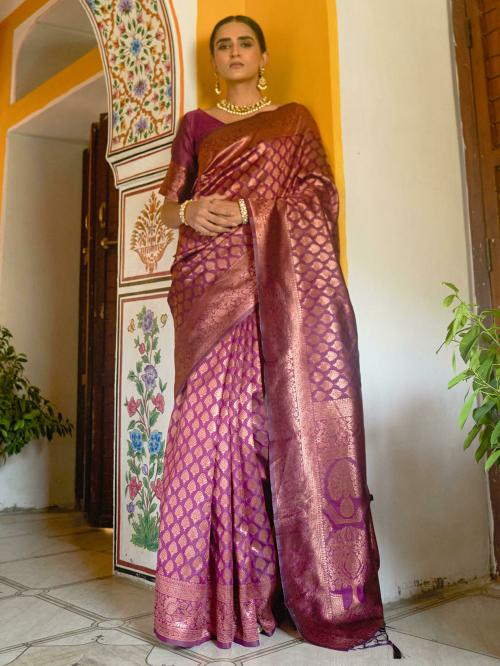 Janasya Rashmika X Saji Saheli - Women's Wine Banarasi Silk Woven Ethnic Motifs Saree