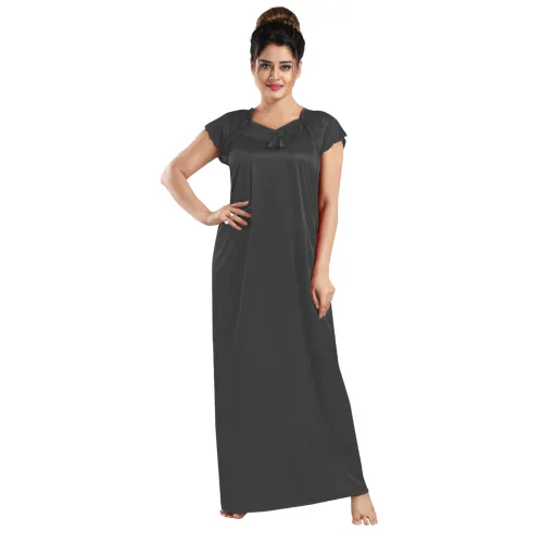 Siami Apparels Solid Satin Lace Work Neck Design Nighty /Night Gown/Maxi For Woman (Black) Pk-01