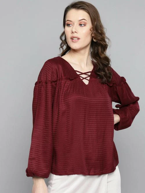 Marie Claire Women Maroon Self Design Top