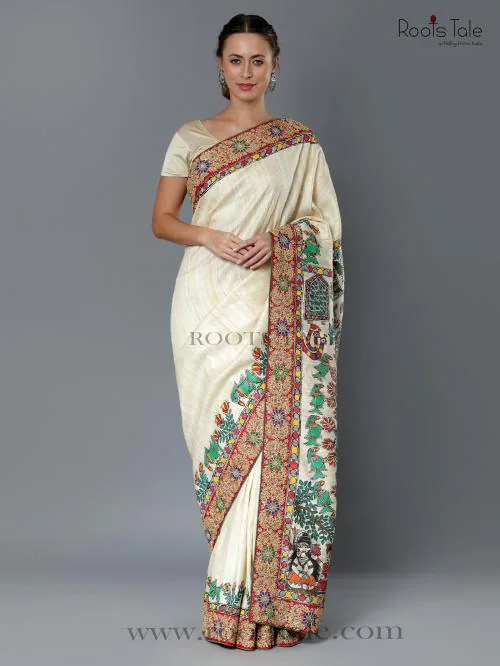 Roots Tale CREAM MADHUBANI / MITHILA PAINTING GOTA PATTI WORK SILK SAREE
