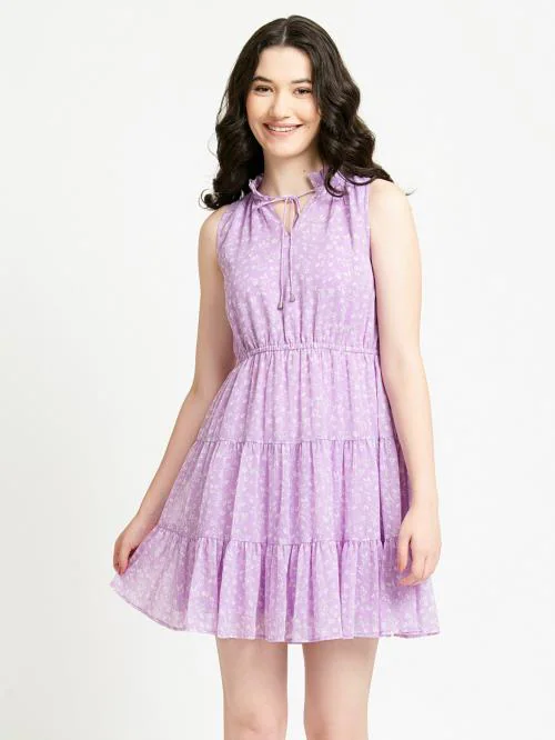 June 9 Clothing Women Lilac Chiffon Floral Print Mini Dress