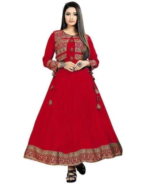 Helwin Designer Women Red Printed Rayon Anarkali Kurta With Koti Set (M)