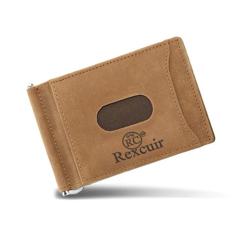 RC Rexcuir RFID Blocking Money Clip Leather Wallet for Men - Minimal Leather Wallet for Men-Tan