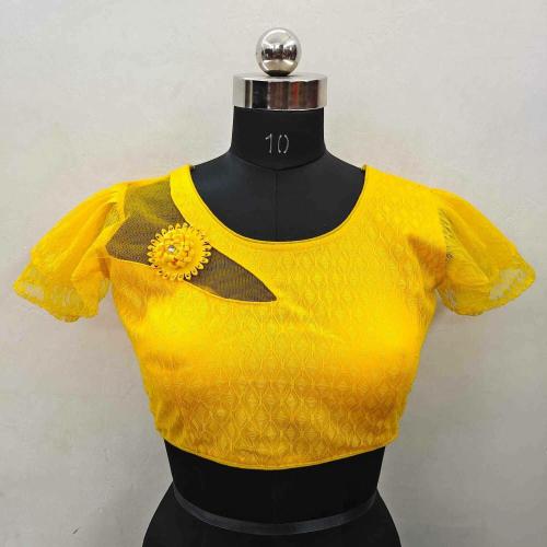 Owee Women Yellow Net Round Neck Blouse