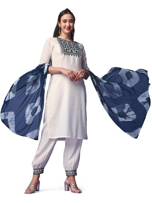 HAVISHE CLUB Women White Embroidered, Sequence Viscose Rayon Blend Kurta With Pant And Dupatta Set (L)