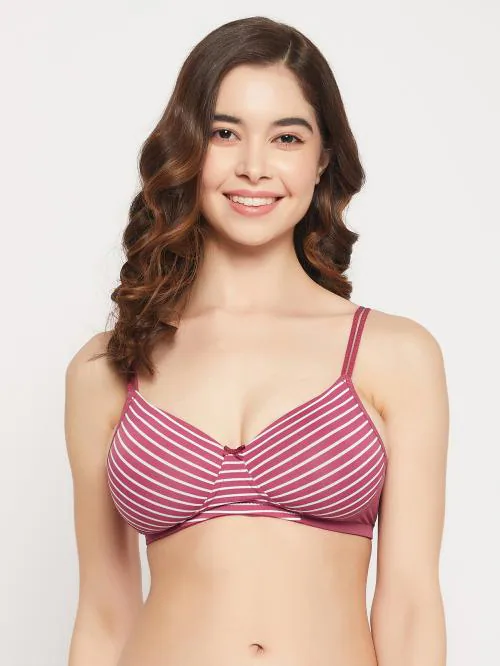 Clovia Padded Non-Wired Full Cup Striped T-shirt Bra in Maroon