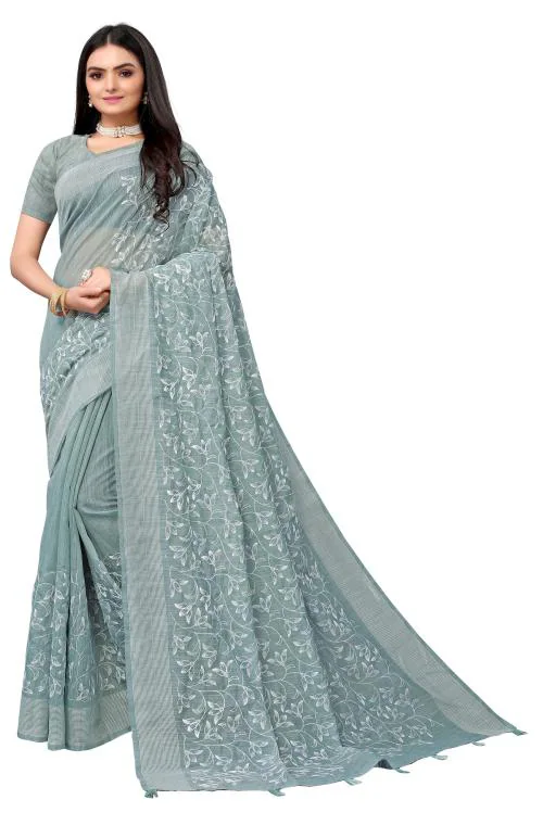 Buy Mahotsav Blue Lakhnavi Work Pure Cotton Saree Saree with Matching ...