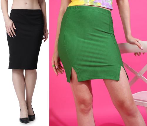 Popwings Women Casual Solid Green and Black Pencil Skirt (Pack of 2 Skirts)
