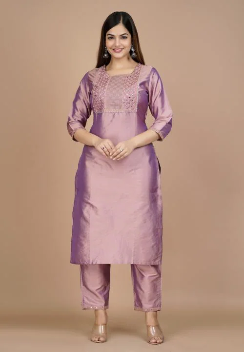 EXPORTHOUSE Silk Peach Straight Embroidered kurta with Pant Set