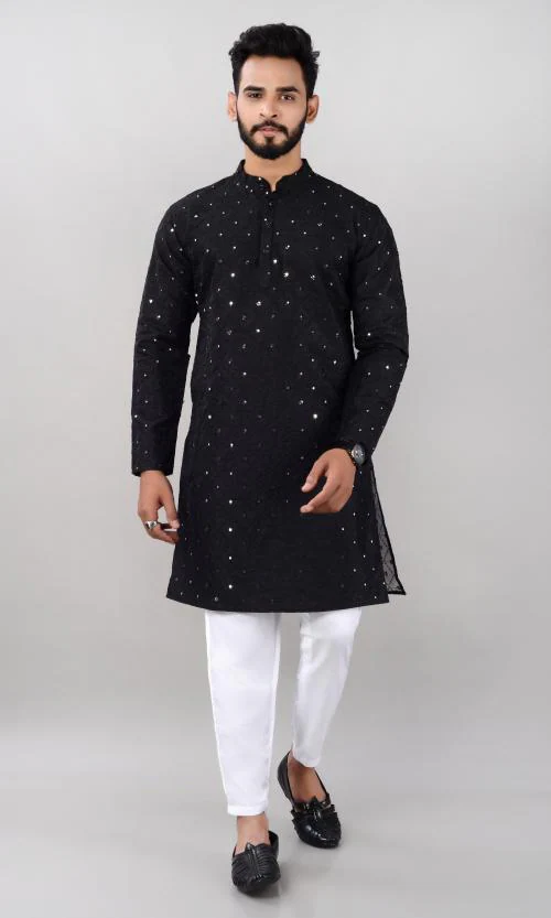 Villain Premium Embellished Kurta Pyjama Set For Men (Black kurta,White Pyjama)