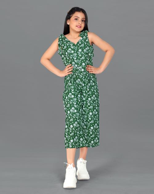 Fashion Dream Girls Green Floral Printed Cotton Jumpsuit | Girls Jumpsuit | Kids Wear | Jumpsuit For Girls | Jumpsuit Girls | Kids Jumpsuit