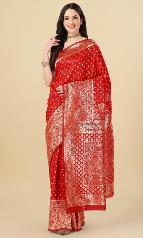 Rekha Maniyar Women's Woven Brocade Banarasi Art Silk Red Saree With Unstitched Blouse Piece
