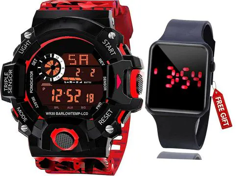 Acnos Digital Black Dial Red Strap Watch For Men - (SF-ARMY-RED/LED)