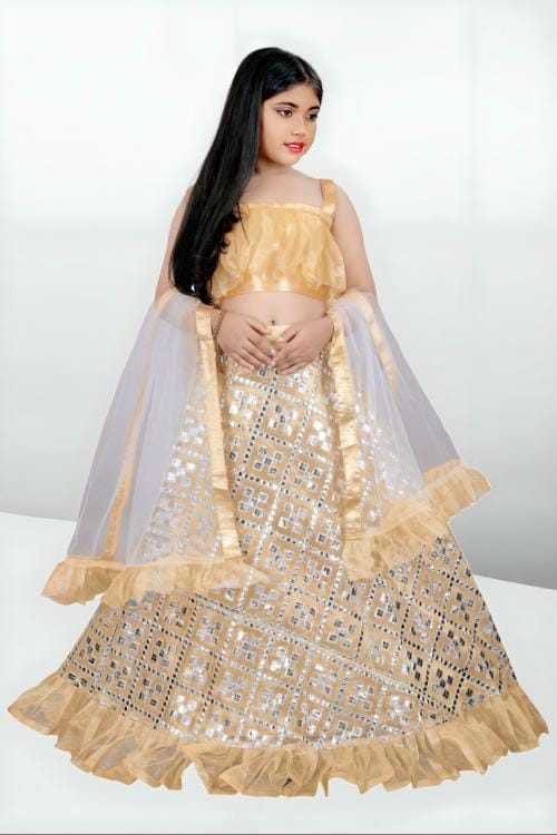 OWNATION FASHION Baby Girls Cream Embellished Net, Tissue Girls Lehenga, Choli And Dupatta Set