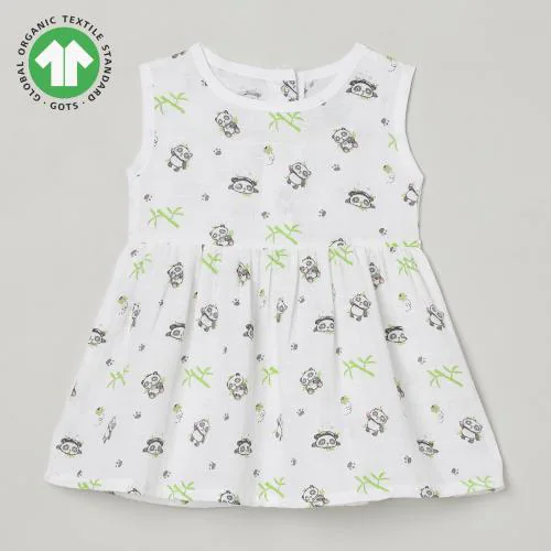 The Boo Boo Club Stay 100% Muslin Organic Cotton Button Frock for Baby Girls | GOTS certified Cotton | Sleeveless A-line Dress/Frock | Summerwear | White Colour | Panda Animal Print | 18-24 Months dresses | kids wear | girls dress | baby girl dresses