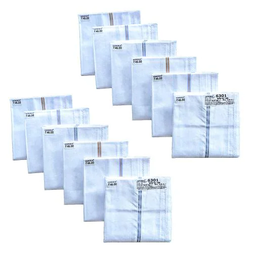 ASHOKA Branded White Colour Border 100% Pure Cotton Handkerchief for Men| Durable, Highly Absorbent, Well Stitched Pure Cotton Handkerchiefs | Gift to Yourself and Your Dearones (Pack of 12)