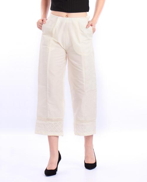 De Moza Women White Embroidered Viscose Rayon Regular Fit Trousers
