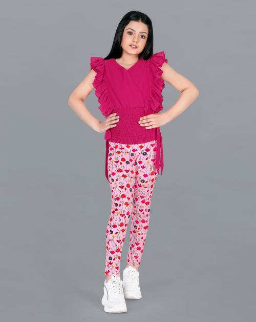 Fashion Dream Girls Pink Solid Georgette Top & Printed Jegging Set | Kids Wear | Girls Top Jegging Set | Girls Clothing Set