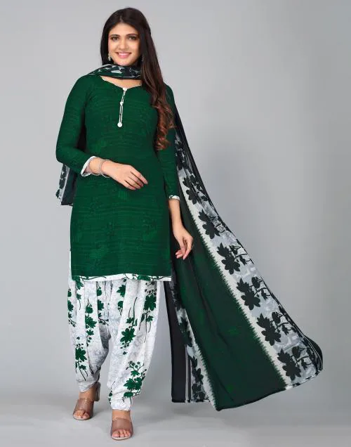 Siril Women Dark Green and White Printed Crepe Unstitched Salwar Suit Dress Material
