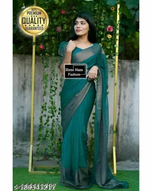 Vkaran women' s Rama Chiffon Plain Saree With Blouse