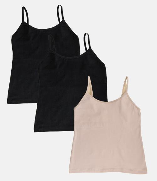 Adira | Camisole For Girl | Flat Padded Innerwear Vest | Camisole For Puberty | Covers Nipples & Gives Confidence At School | stretchy Cotton | Pack Of 3 | Black, Black & Skin | XXL